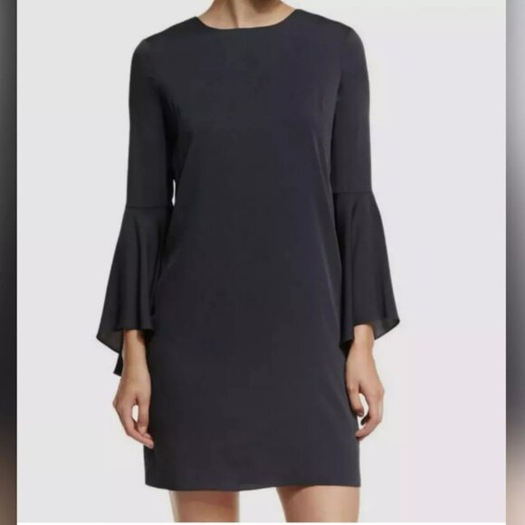 Milly Women's Gray 3/4 Bell-Sleeve Keyhole Stretch Silk Shift Mini Dress Size 4 - Picture 1 of 12